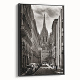 Black and white vintage poster art of Barcelona landscape on framed canvas, suitable for bedroom decor.