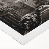 Art deco poster of a Barcelona cityscape in muted earth tones on rolled canvas, suitable for dining room decor.