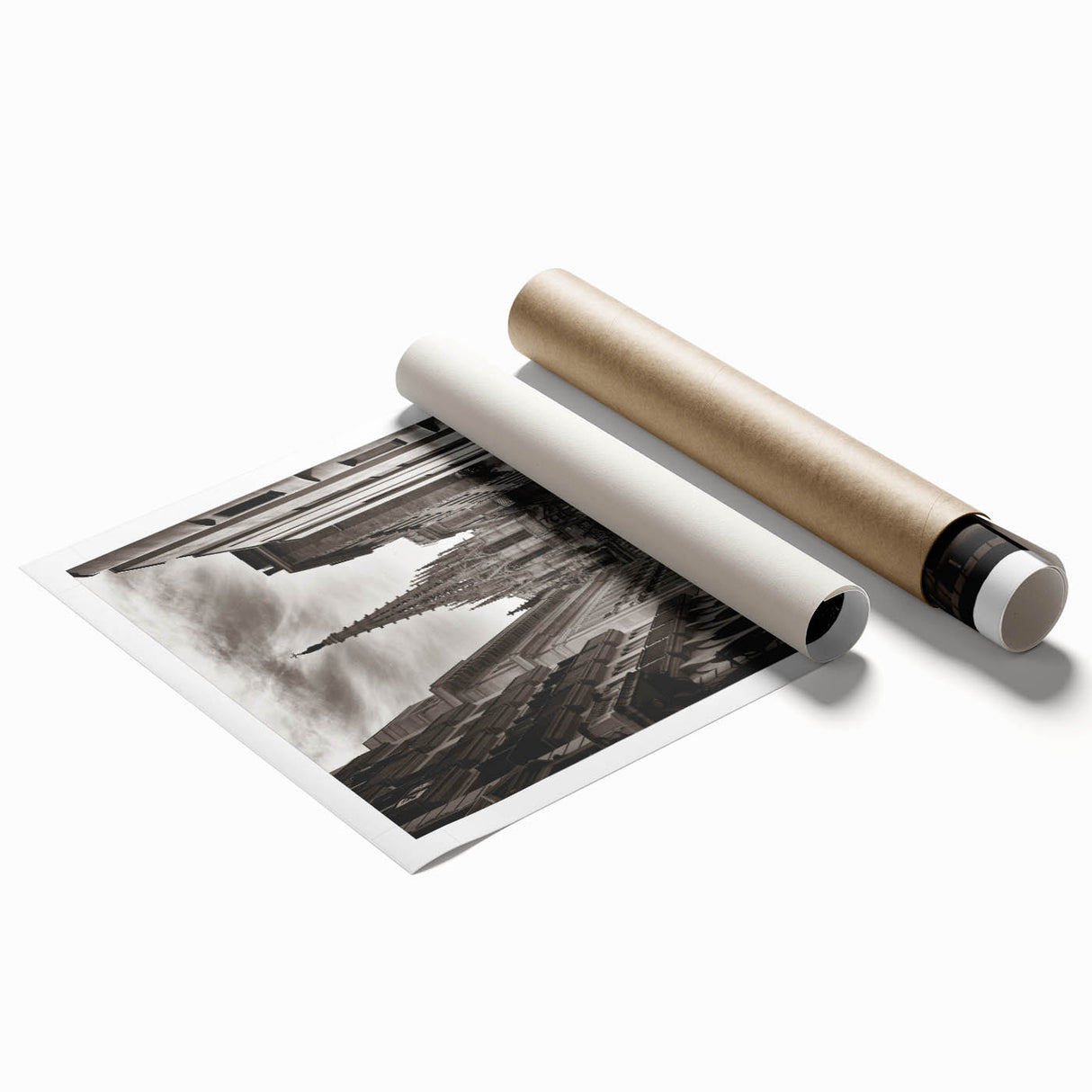 Extra large rolled print of Barcelona scenery with vibrant floral elements in pastel shades.
