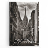 Black and white stretched canvas of Barcelona streetscape, ideal for kitchen wall art or bedroom ambiance.