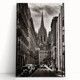 Large black and white stretched canvas of Barcelona scenery, ideal for kitchen wall art.