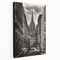Side view of a stretched canvas depicting a vibrant Barcelona cityscape, ideal for kitchen wall art.