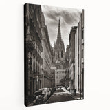 Side view of a stretched canvas depicting a vibrant Barcelona cityscape, ideal for kitchen wall art.