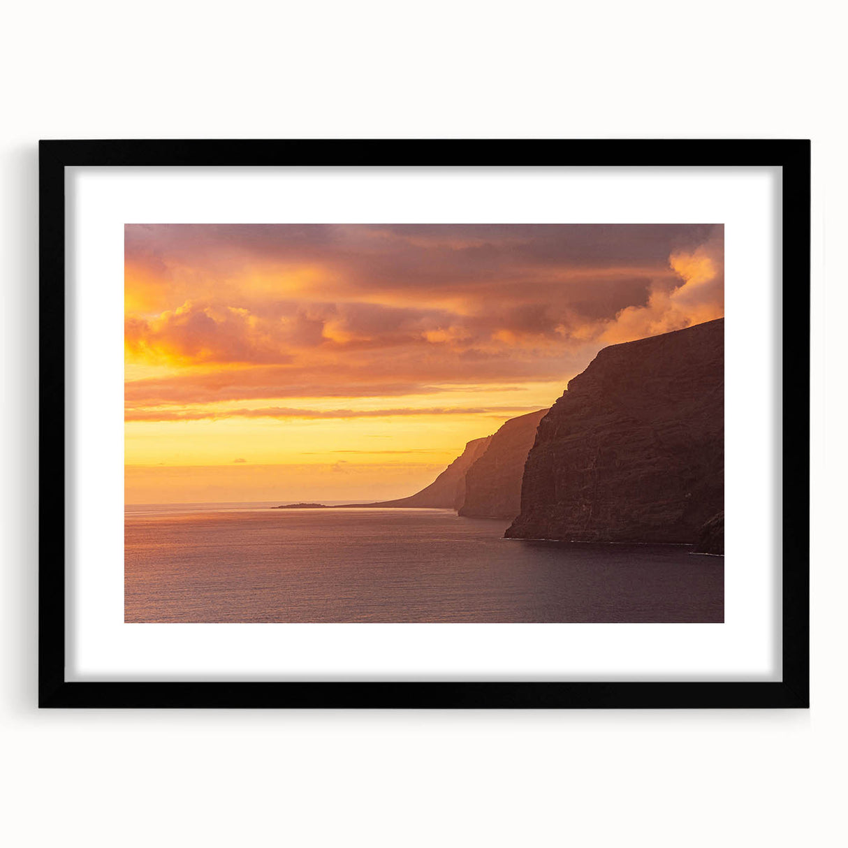 Extra large, textured abstract art print of colorful, abstract scenery, framed in black with mat.
