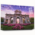 Large abstract depiction of Madrid skyline in muted earth tones on acrylic glass, suitable for bedroom or dining room decor.