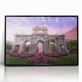 Large abstract wall art depicting a colorful Madrid cityscape on a framed acrylic, ideal for modern living room decor.