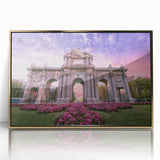 Mid-century modernist Madrid cityscape in gold and brown tones on a framed acrylic, suitable for modern art wall decor.