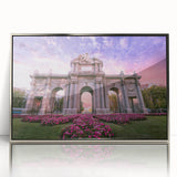 Mid-century modernist art deco poster of Madrid skyline in silver framed acrylic, suitable for modern art wall decor.
