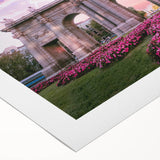 Art deco poster of Madrid skyline in muted earth tones on rolled canvas, suitable for dining room decor.