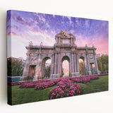 Large stretched canvas depicting a vibrant Madrid cityscape in rich orange and blue tones, ideal for kitchen wall art.