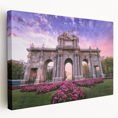 Large stretched canvas depicting a vibrant Madrid cityscape in rich orange and blue tones, ideal for kitchen wall art.