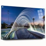 Acrylic print of a large abstract depiction of Valencia, Spain in vibrant blue and orange tones.