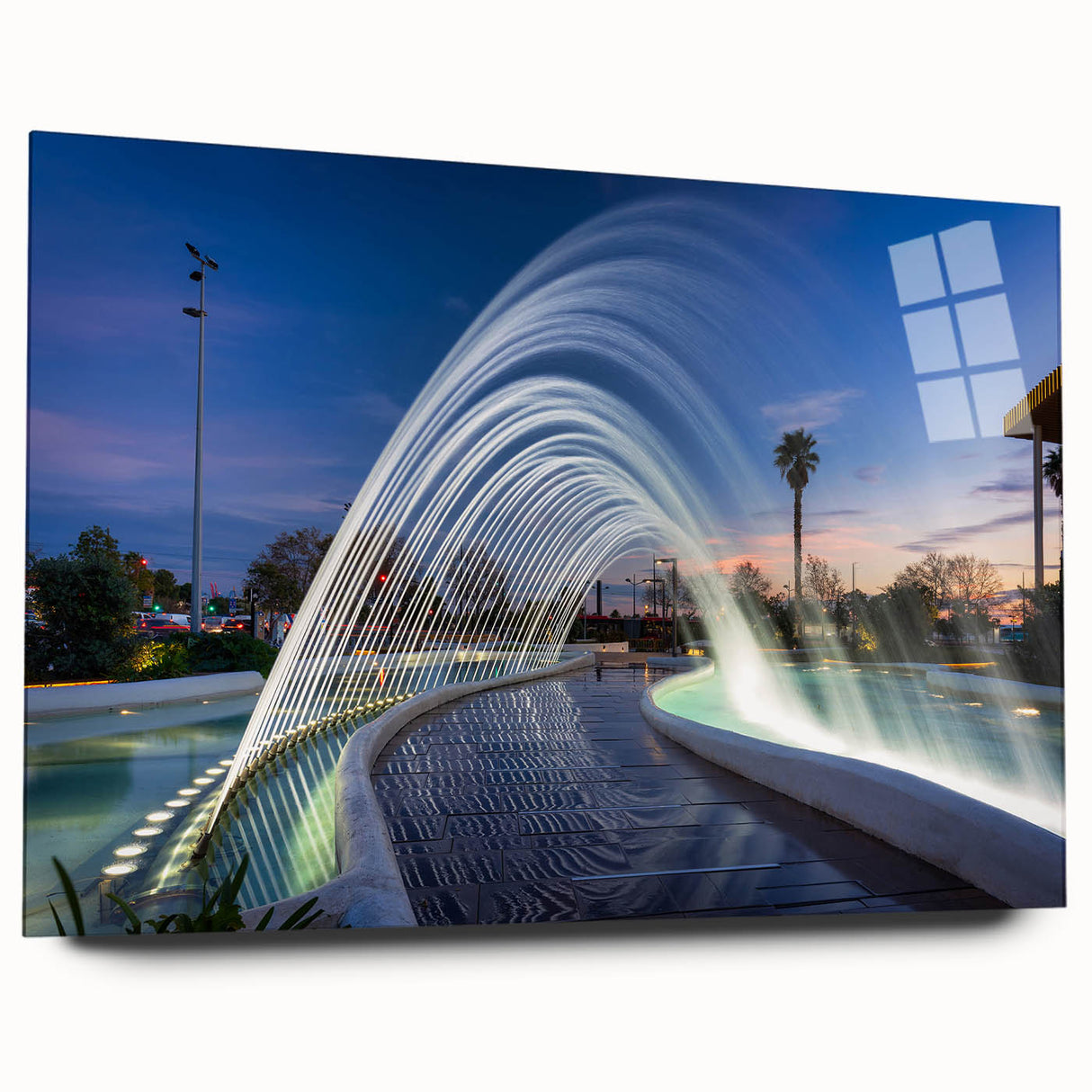 Large abstract wall art of Valencia scenery in muted earth tones on acrylic glass, ideal for bedroom or dining room decor.