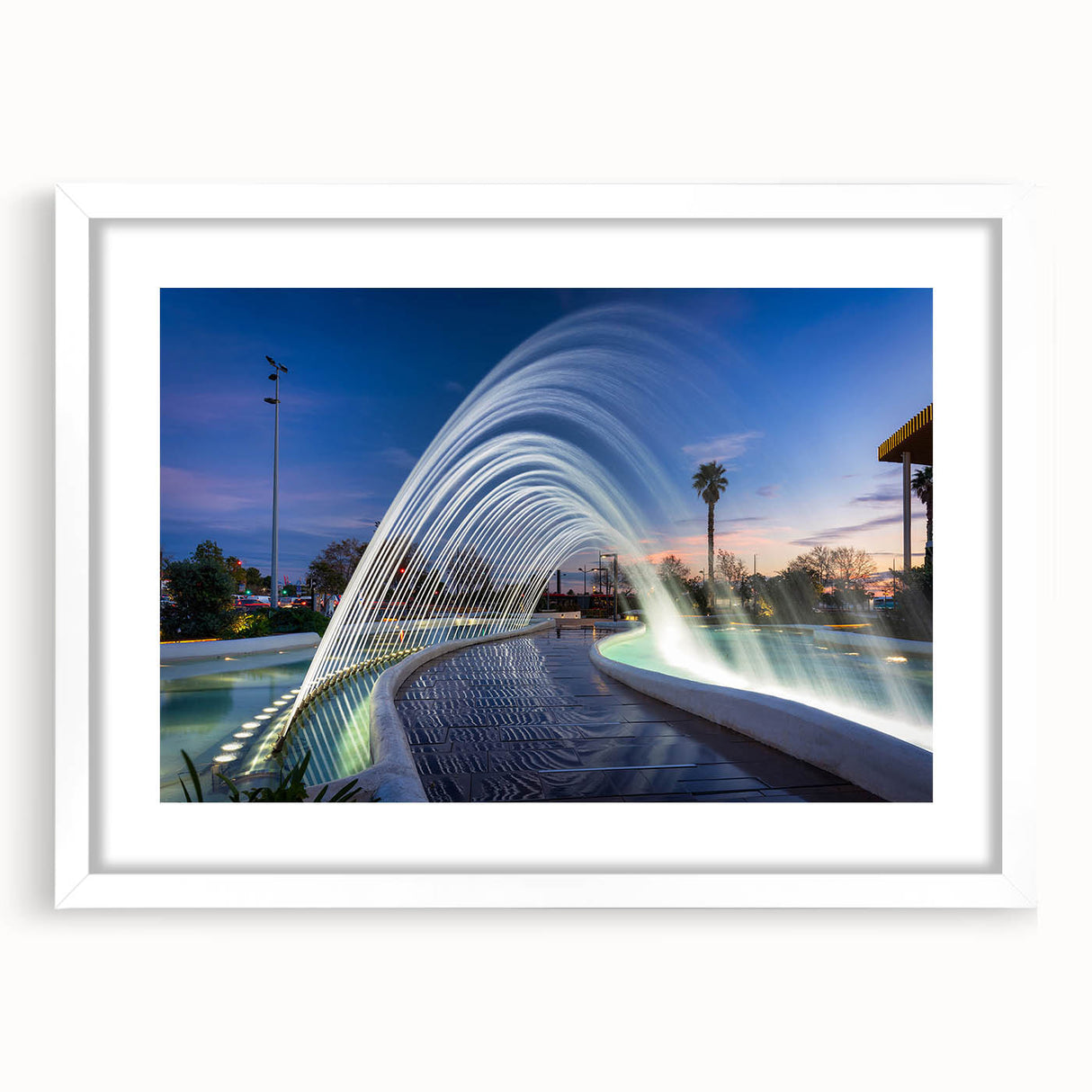 Abstract art print of Valencia scenery in muted earth tones on a framed white mat, ideal for dining room decor.