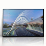 Large abstract wall art depicting a vibrant, colorful Valencia cityscape on black-framed acrylic.