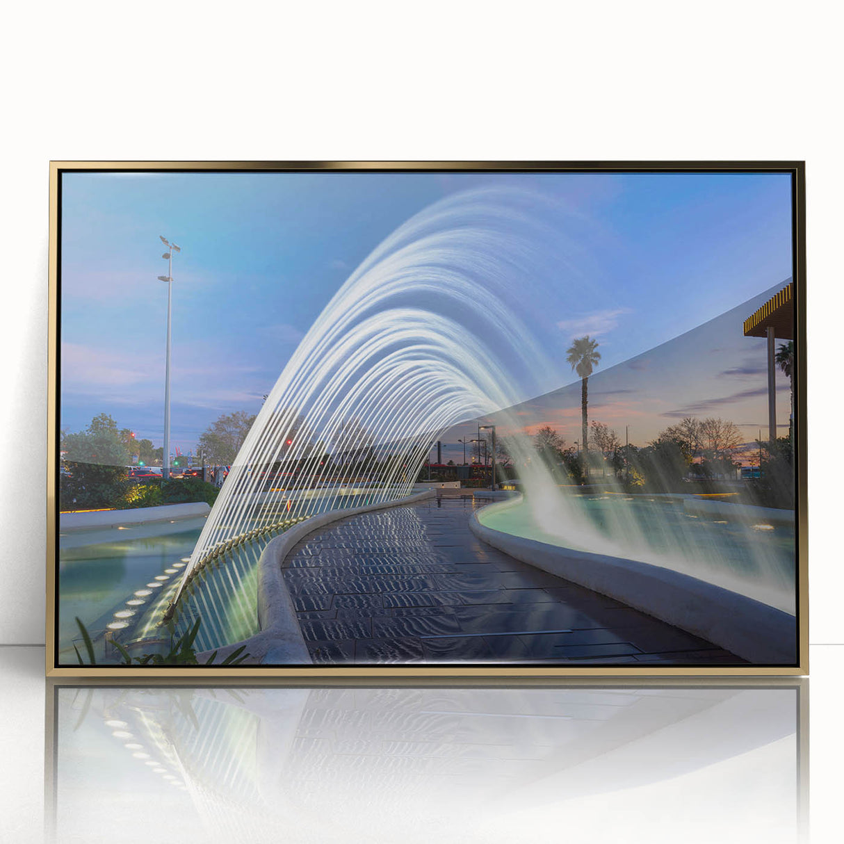 Large art print of a Valencia cityscape in muted gold tones on framed acrylic, styled in mid-century modernist design.