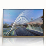 Large art print of a Valencia cityscape in muted gold tones on framed acrylic, styled in mid-century modernist design.