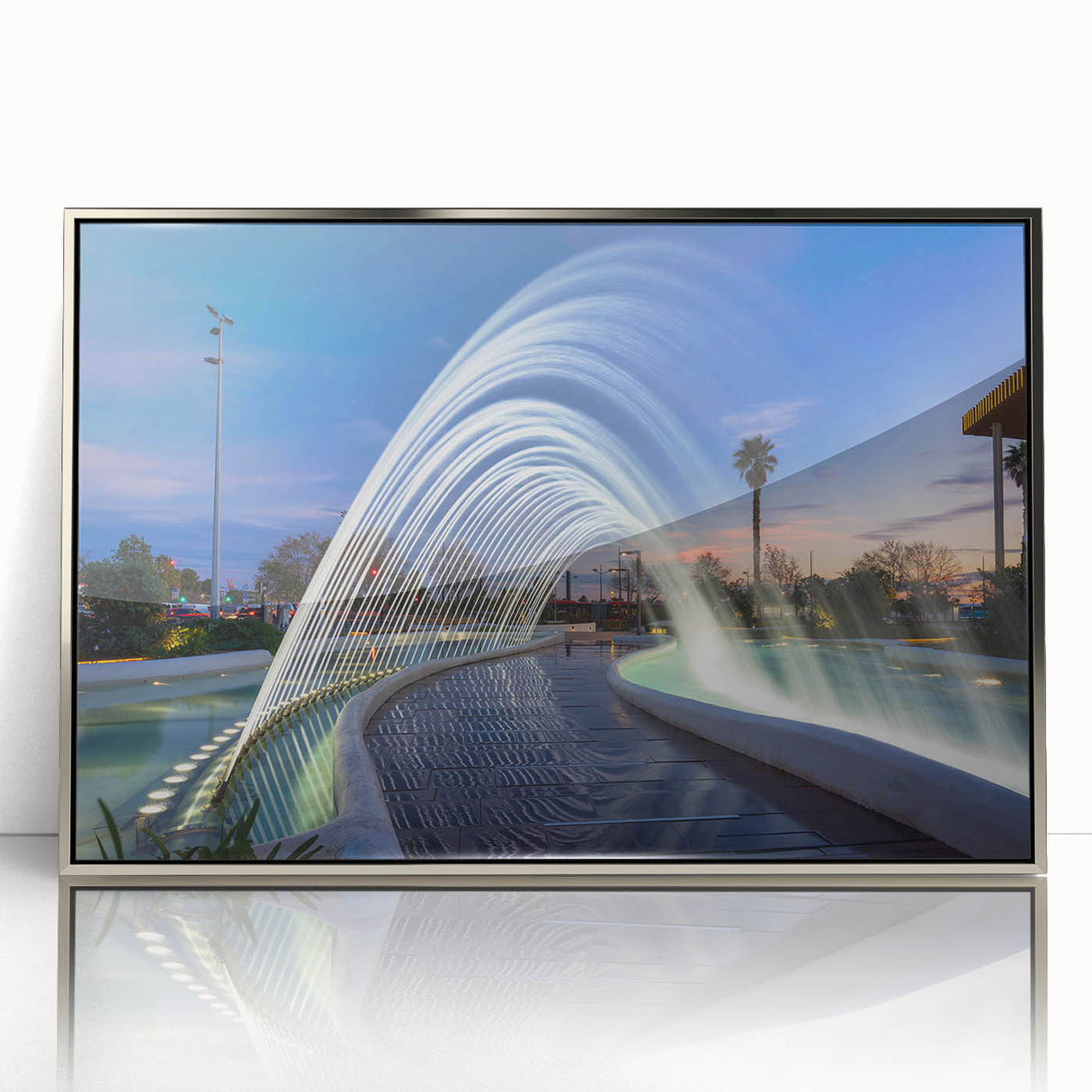 Mid-century modernist art depicting Valencia scenery in muted earth tones on a framed acrylic, ideal for nursery wall art.