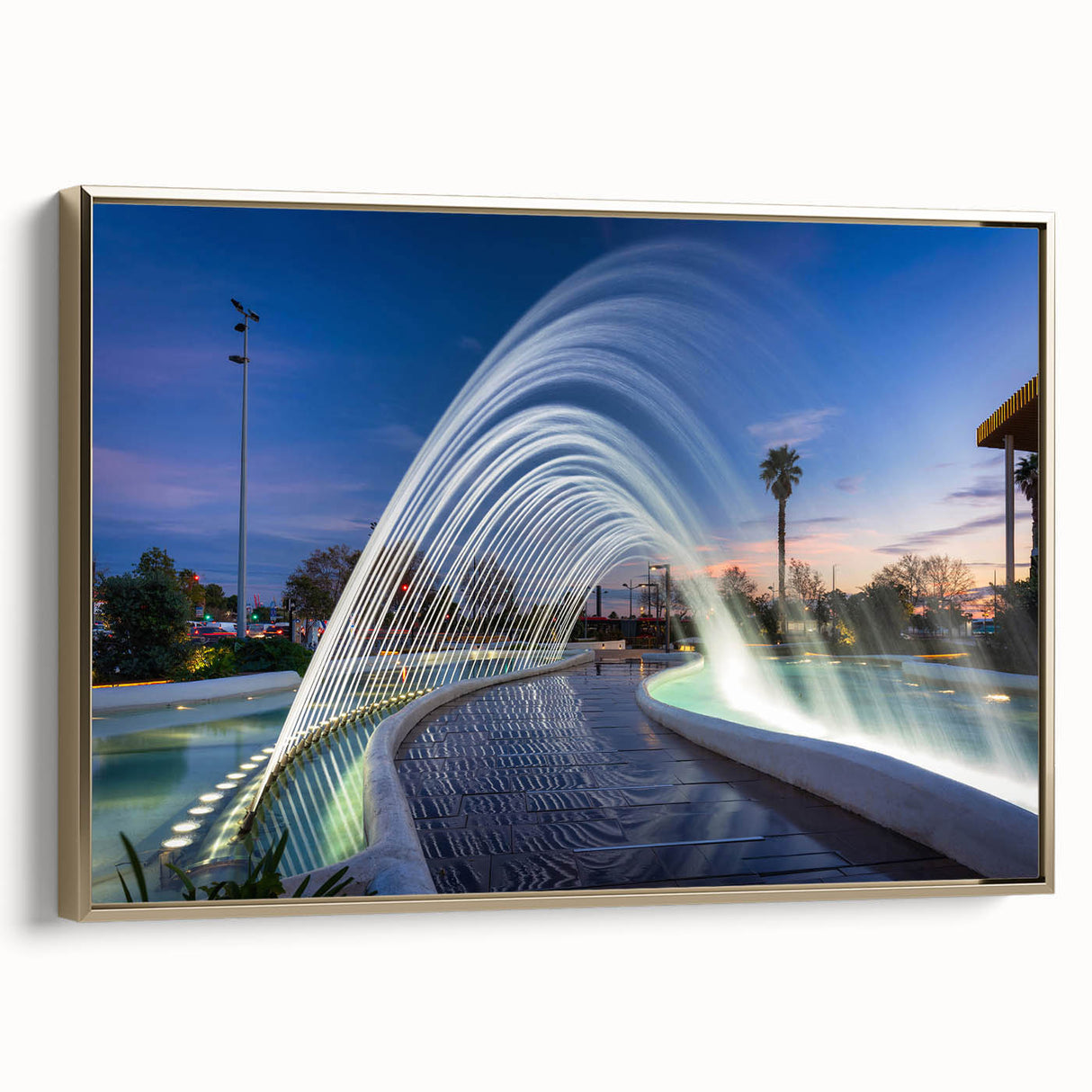 Framed canvas depicting a vintage-style landscape of Valencia with muted gold and black tones, suitable for bedroom decor.