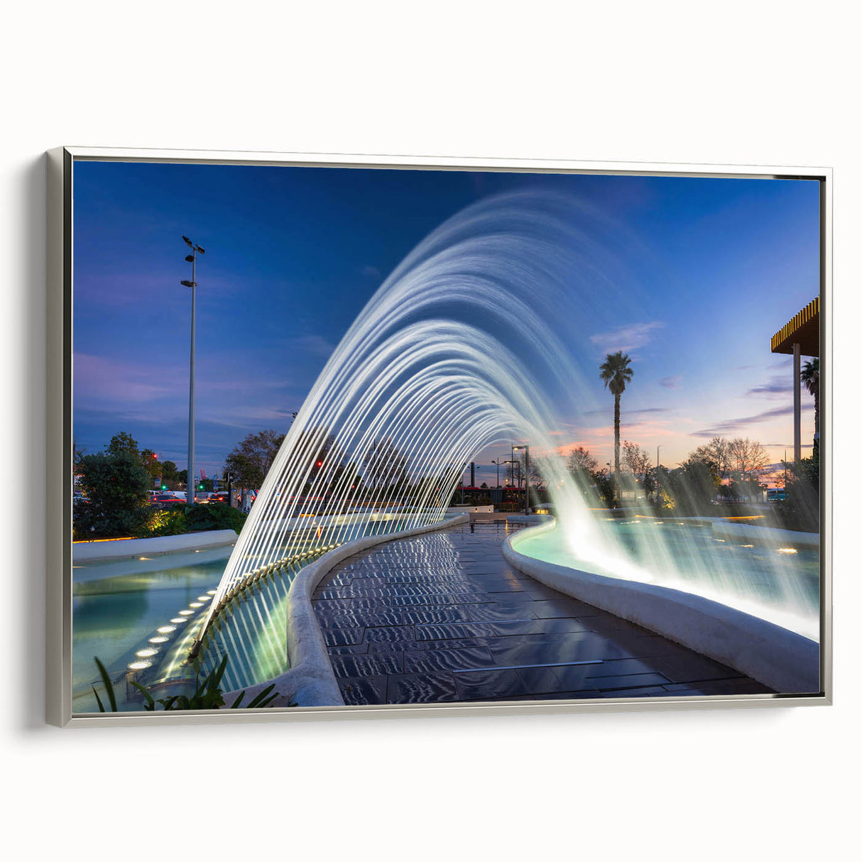 Framed canvas of a vintage-style landscape painting featuring a colorful Spanish scenery.