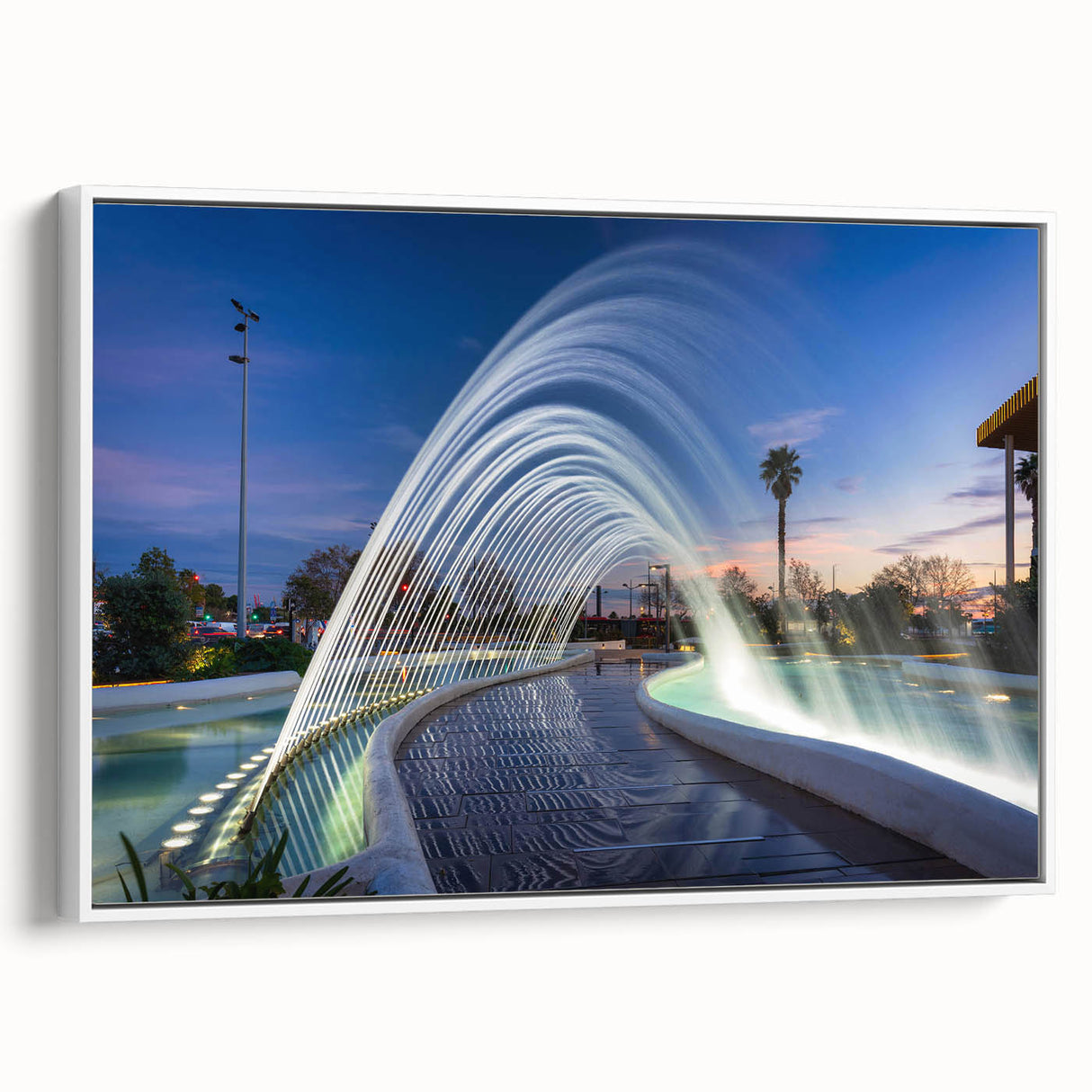 Vintage poster art of Valencia scenery on framed canvas, featuring vibrant colors on a white background.