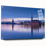 Acrylic print of a large abstract depiction of Stockholm, featuring muted blue and gray tones.