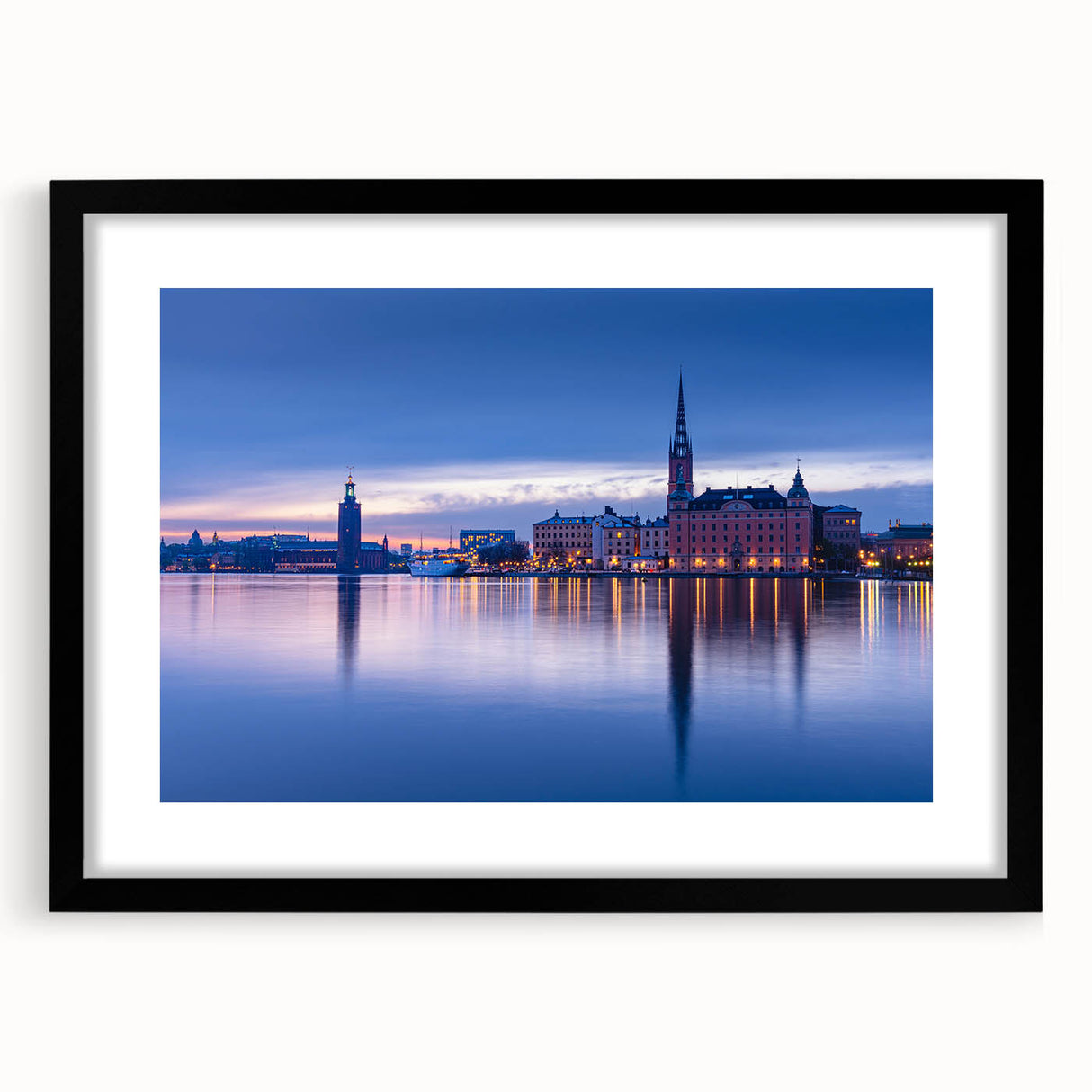 Abstract art print of Stockholm scenery in vibrant colors on a large, framed canvas, ideal for living room decor.