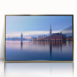 Large art print of Stockholm scenery in muted gold and blue tones, acrylic framed, ideal for modern nursery wall decor.