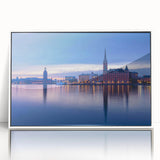 Acrylic print of Stockholm scenery in art deco style with a white frame, suitable for modern nursery decor.