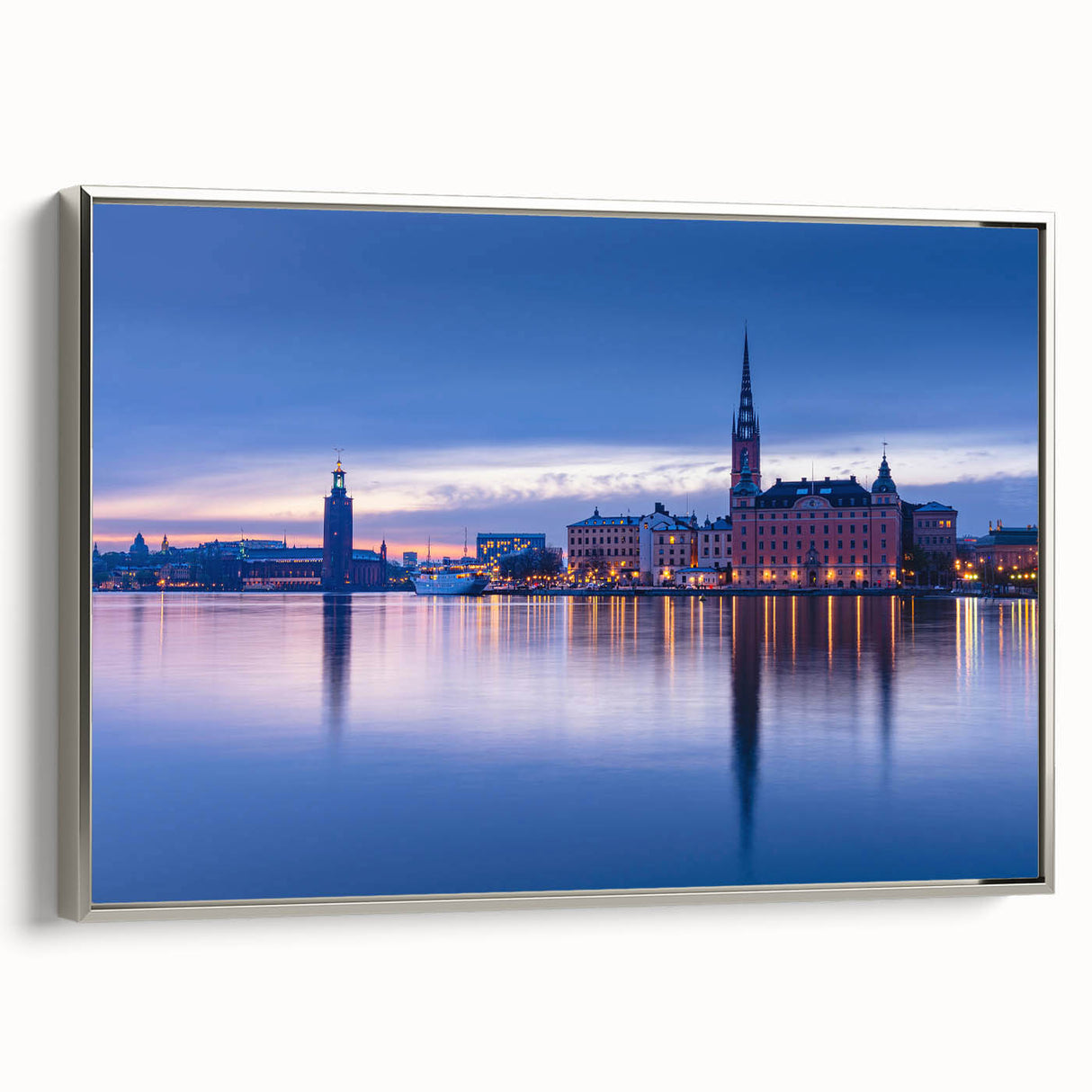 Framed canvas of a vintage-style Stockholm landscape painting in muted gray with vibrant color accents.