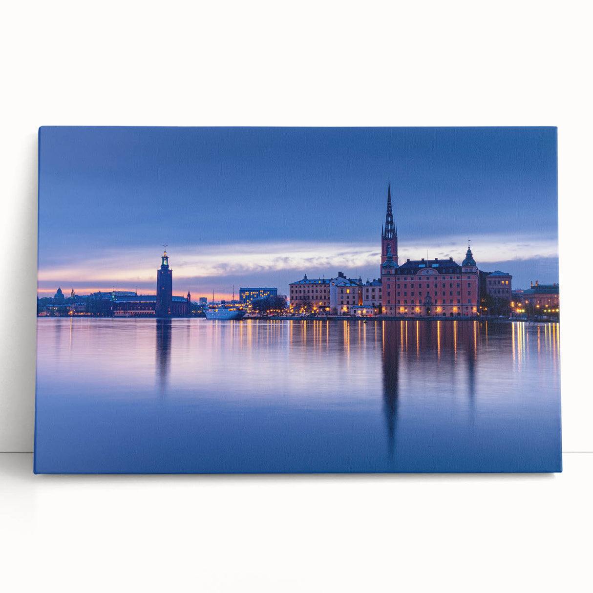 Black and white large art print of Stockholm scenery on stretched canvas, ideal for kitchen wall art or bedroom ambiance.