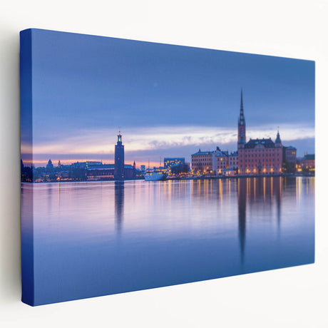 Side view of a stretched canvas depicting a serene Stockholm scenery in soft blue and gray tones, ideal for kitchen wall art.