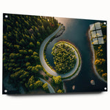 Acrylic print of a serene Swedish landscape in muted green and blue tones, ideal for dining room decor.