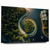 Large abstract wall art of a European scenery in muted blue and green tones on acrylic glass.