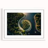 Abstract art print of a serene Swedish landscape in muted blue and green tones, framed with a white mat.