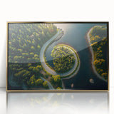 Large acrylic print of a Swedish landscape in muted earth tones, framed in gold, suitable for modern art wall decor.