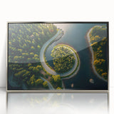 Mid-century modernist art depicting a serene Swedish landscape in muted green and blue tones on a silver-framed acrylic…