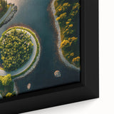 Extra large black wall art of a textured European scenery in vibrant colors, framed canvas, ideal for living room.