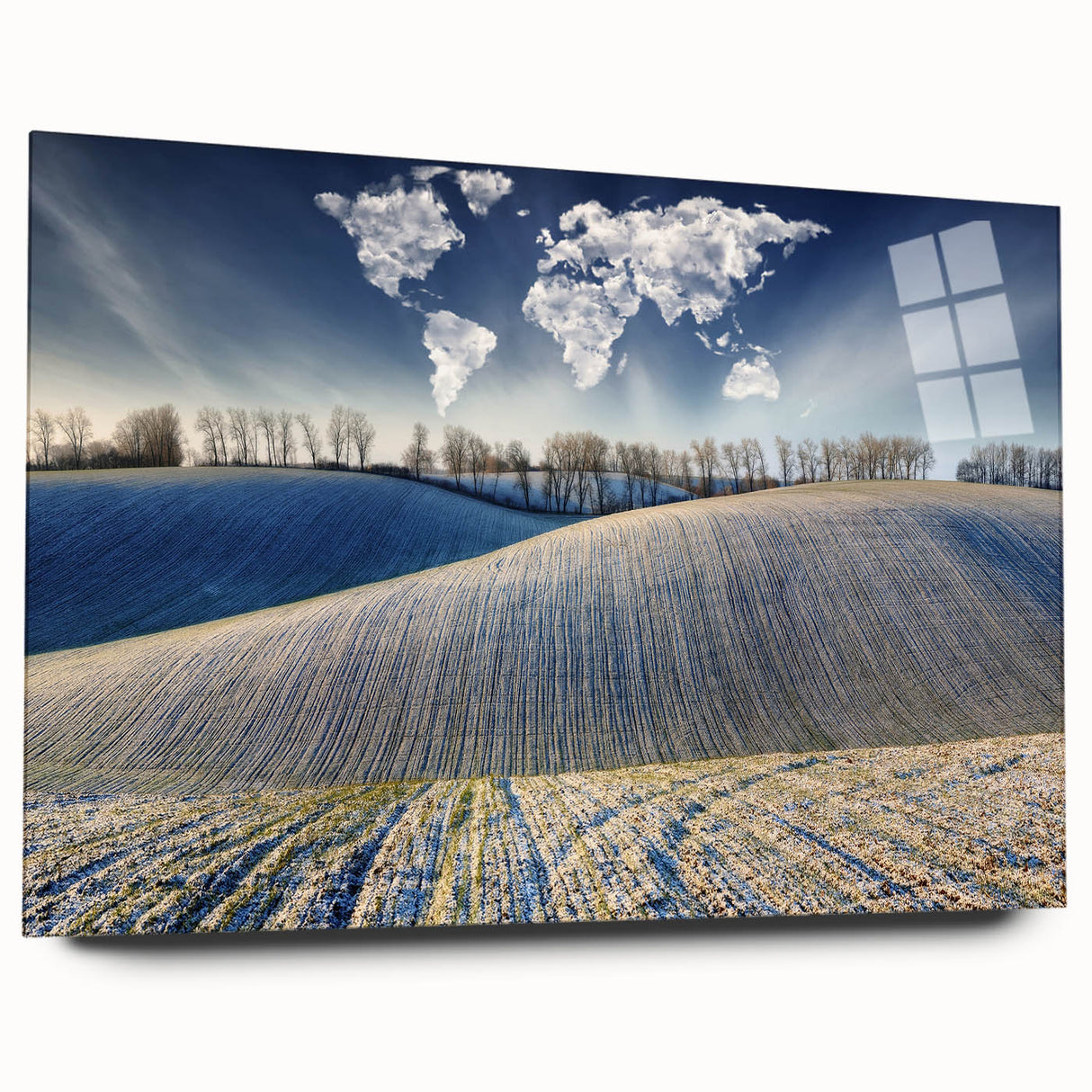 Large abstract wall art of a European scenery in muted earth tones on acrylic glass.