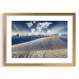 Extra large abstract art print depicting textured scenery in muted earth tones, framed in gold, ideal for living room decor.