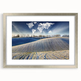 Textured abstract art print of a European scenery in muted earth tones, framed in silver, ideal for bedroom art.