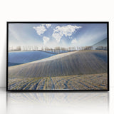 Large abstract wall art depicting a vibrant European cityscape, framed in black acrylic, ideal for modern living room decor.