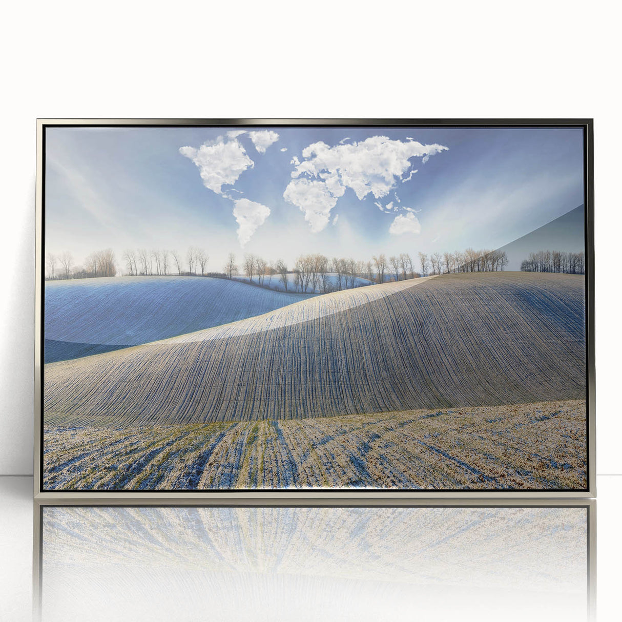 Mid-century modernist art depicting a serene European landscape in muted greens and blues, framed in silver acrylic.