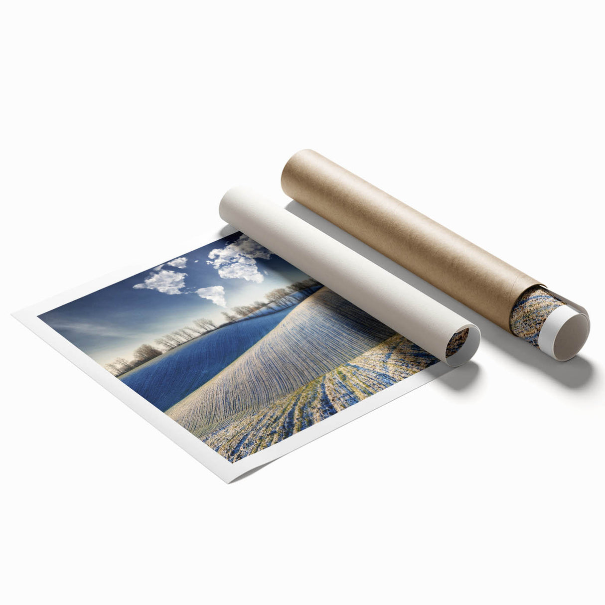 Extra large rolled print depicting vibrant floral scenery in pastel shades.