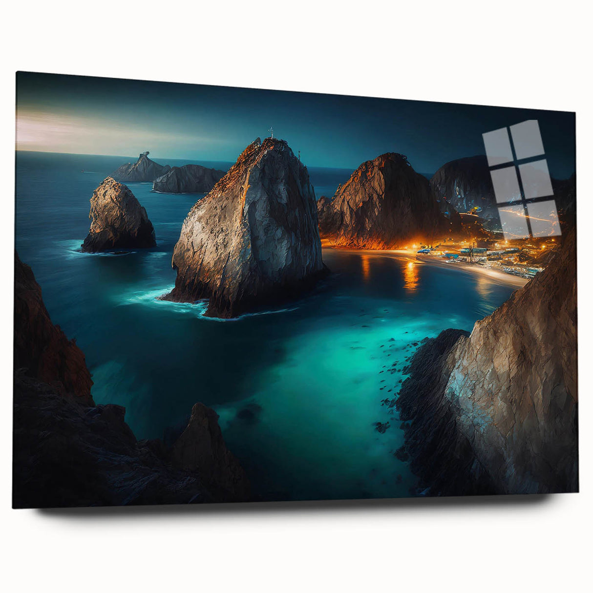 Acrylic print of Cabo San Lucas scenery with vivid blue and green tones, suited for dining room or bedroom wall art.