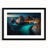 Extra large framed abstract art print of Cabo San Lucas scenery in vibrant, colorful textures, ideal for living room decor.