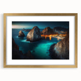 Extra large wall art featuring an abstract depiction of Cabo San Lucas in textured gold and blue tones.