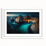 Abstract art print of Cabo San Lucas scenery in muted blue and green tones, framed with a white mat.