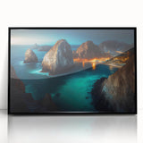 Large abstract wall art featuring a stylized Cabo San Lucas scenery in muted oceanic tones on a framed acrylic.