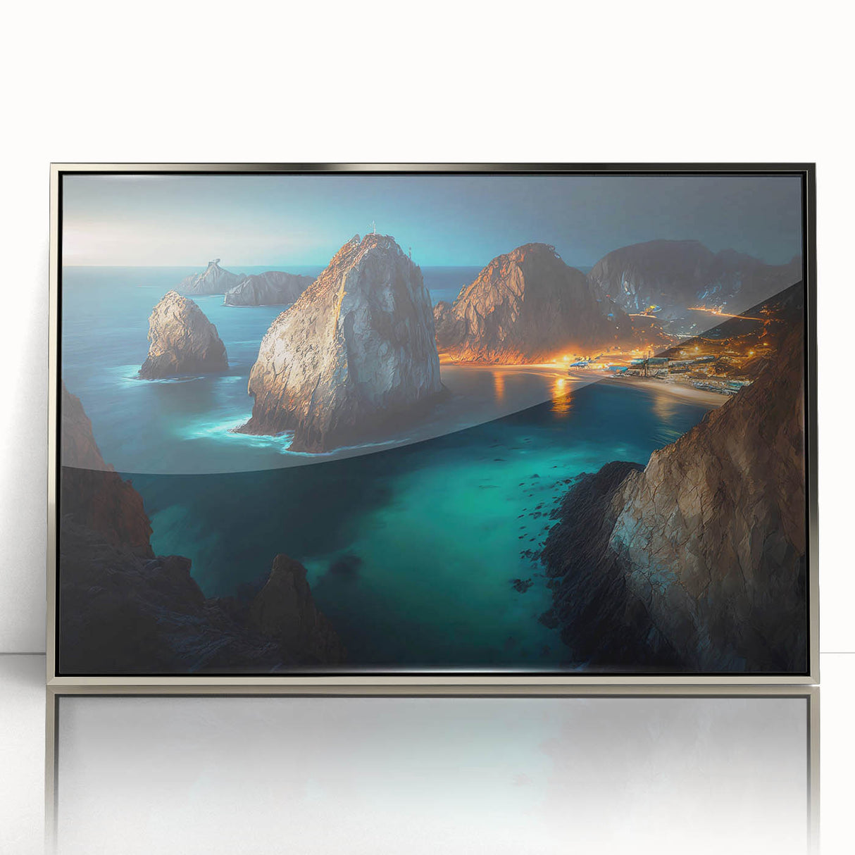 Mid-century modernist art depicting the Cabo San Lucas scenery, with vibrant blue and green tones on a framed acrylic print.